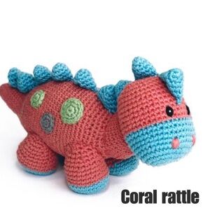 Crochet Dinosaur Rattle Toy - Coral and Blue